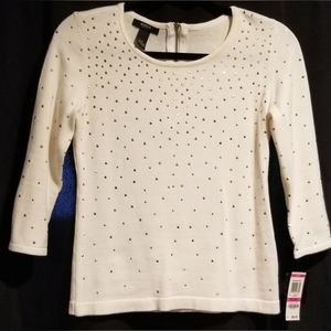 Alfani petite crew neck 3/4 sleeve studded sweater, petite.